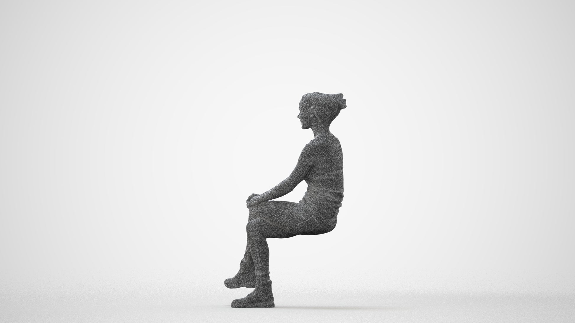 3D human model woman casual sitting, photogrammetry scanned person for archviz, square thumbnail