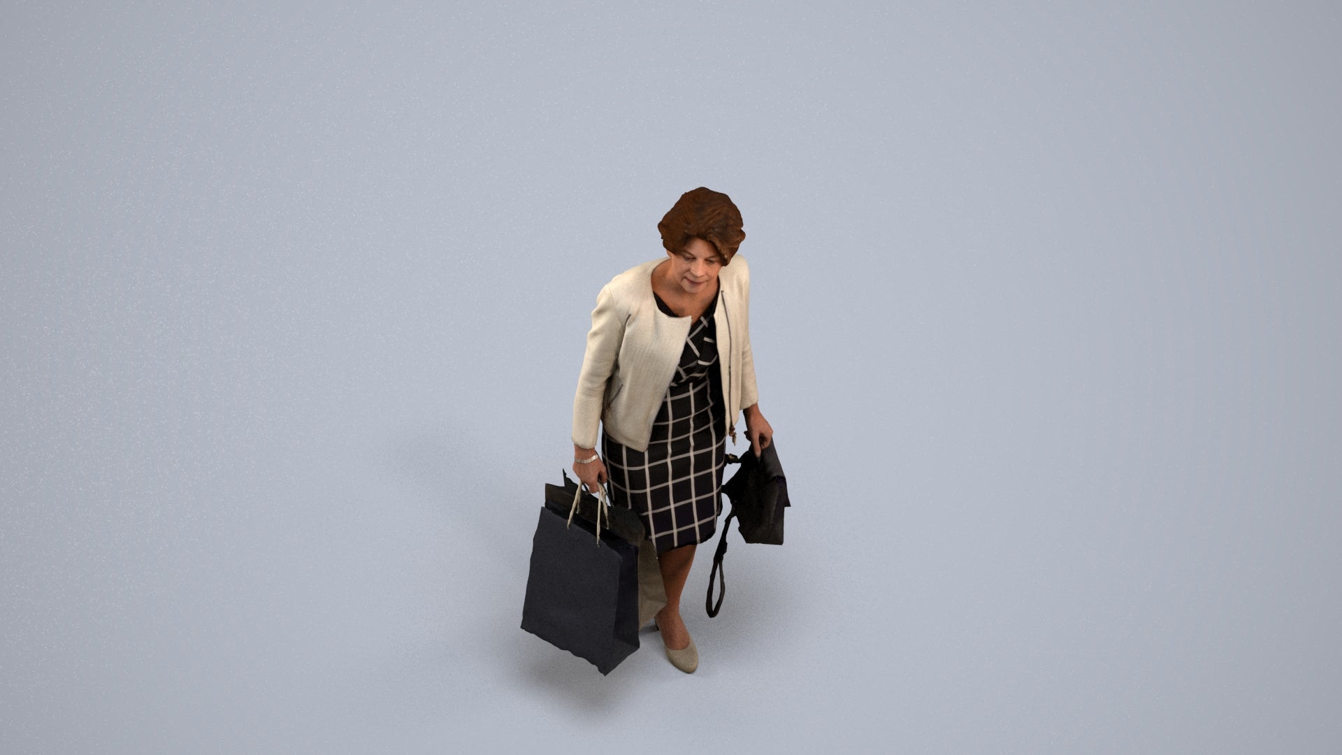 realistic 3D human woman business shopping, archviz people FBX OBJ for Blender, back view render