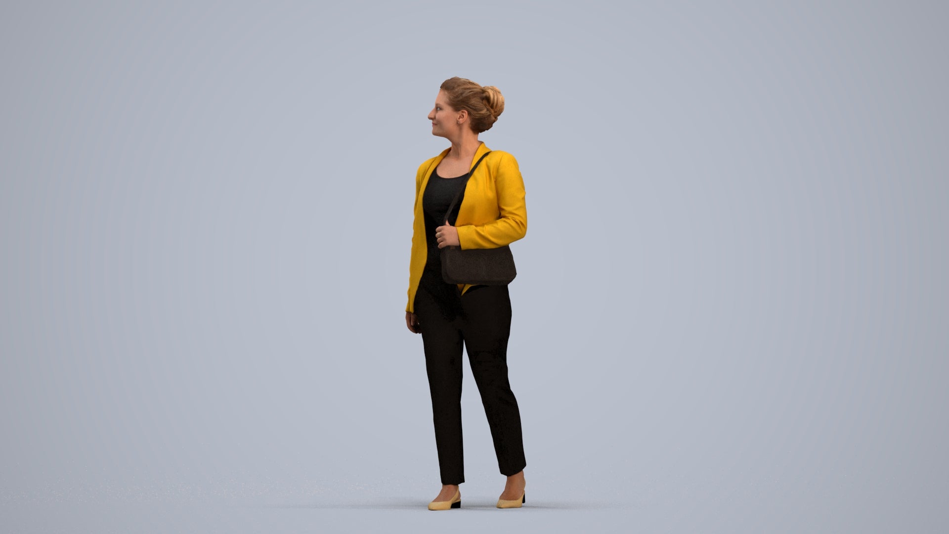 3D human model woman business walking, photogrammetry scanned person for archviz, standing pose render