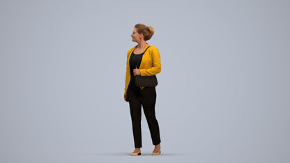 3D human model woman business walking, photogrammetry scanned person for archviz, standing pose render