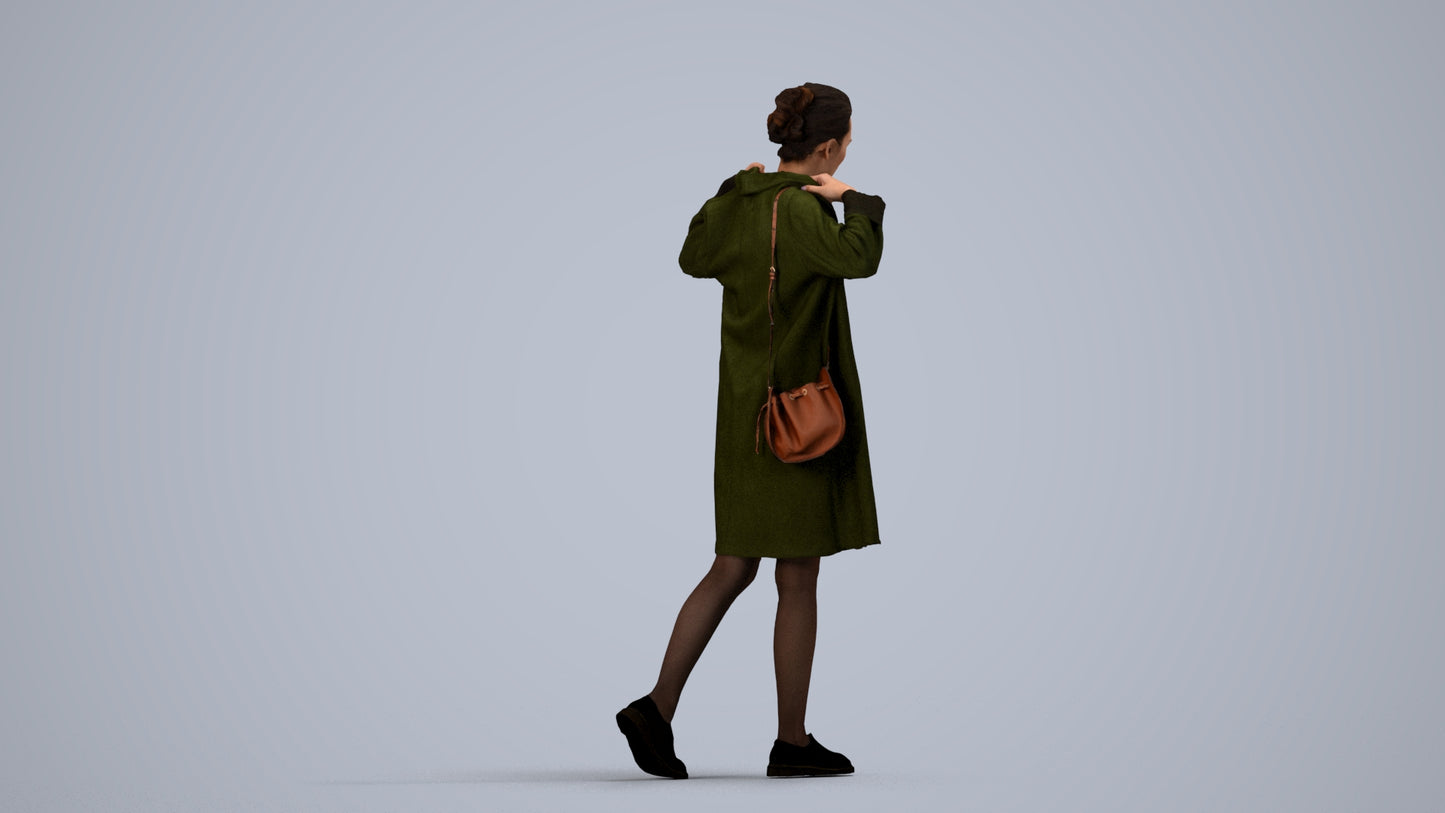 3D human model woman casual walking, photogrammetry scanned person for archviz, side view render