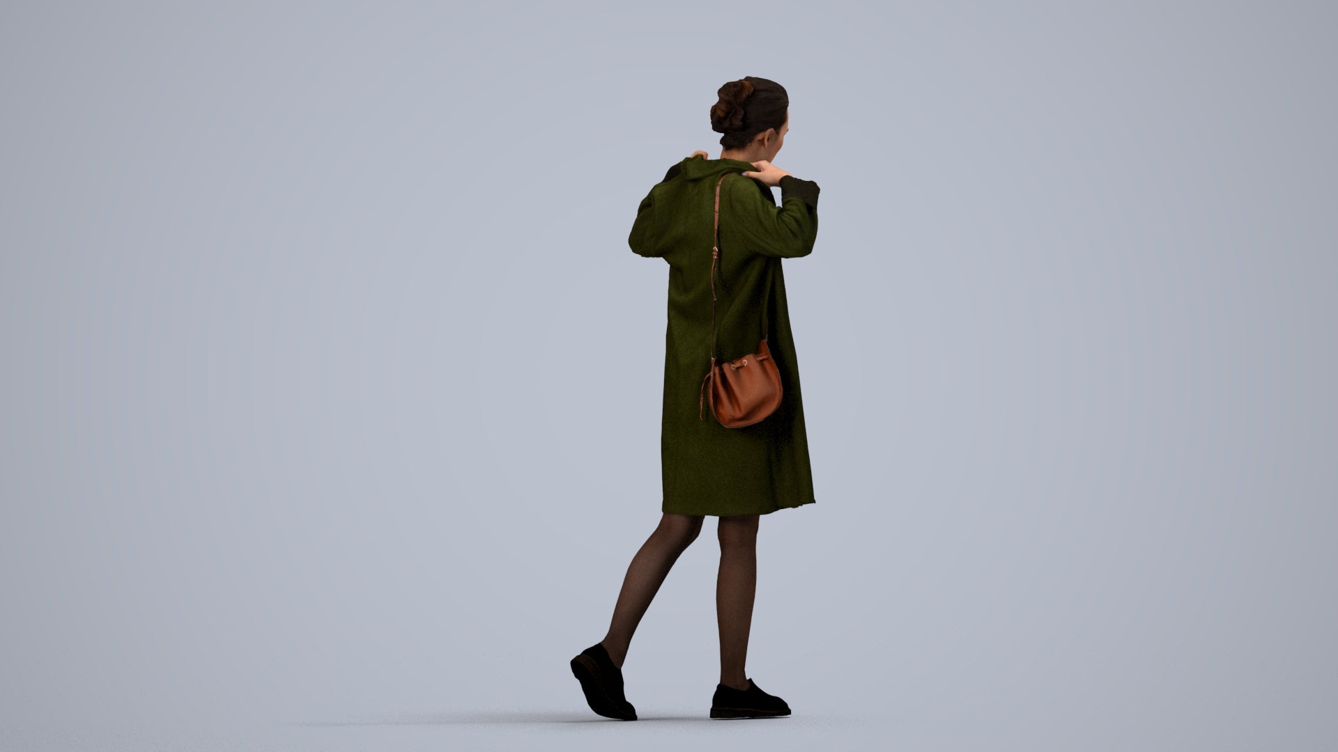 3D human model woman casual walking, photogrammetry scanned person for archviz, side view render