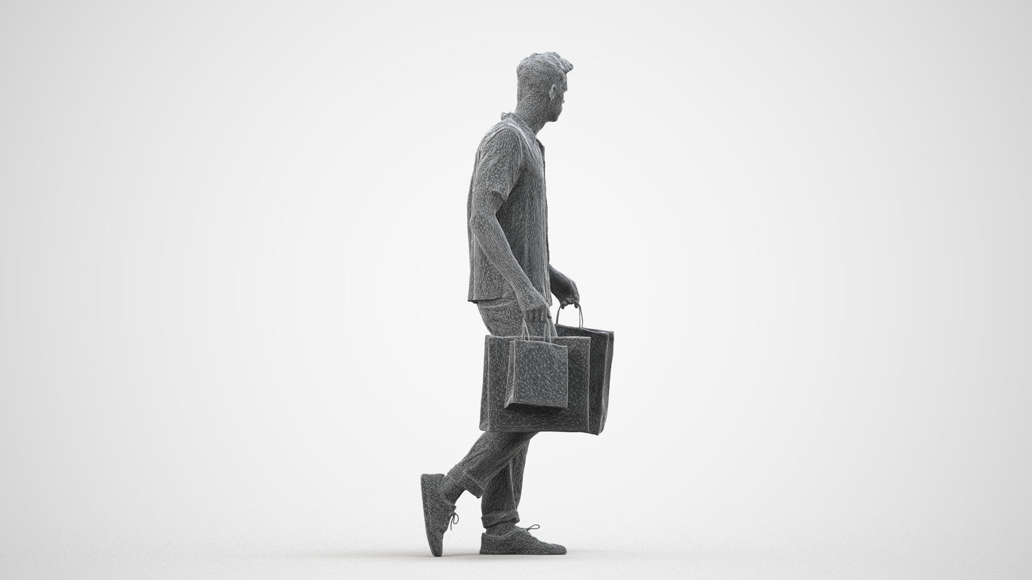 3D human model man casual shopping, photogrammetry scanned person for archviz, wireframe side view