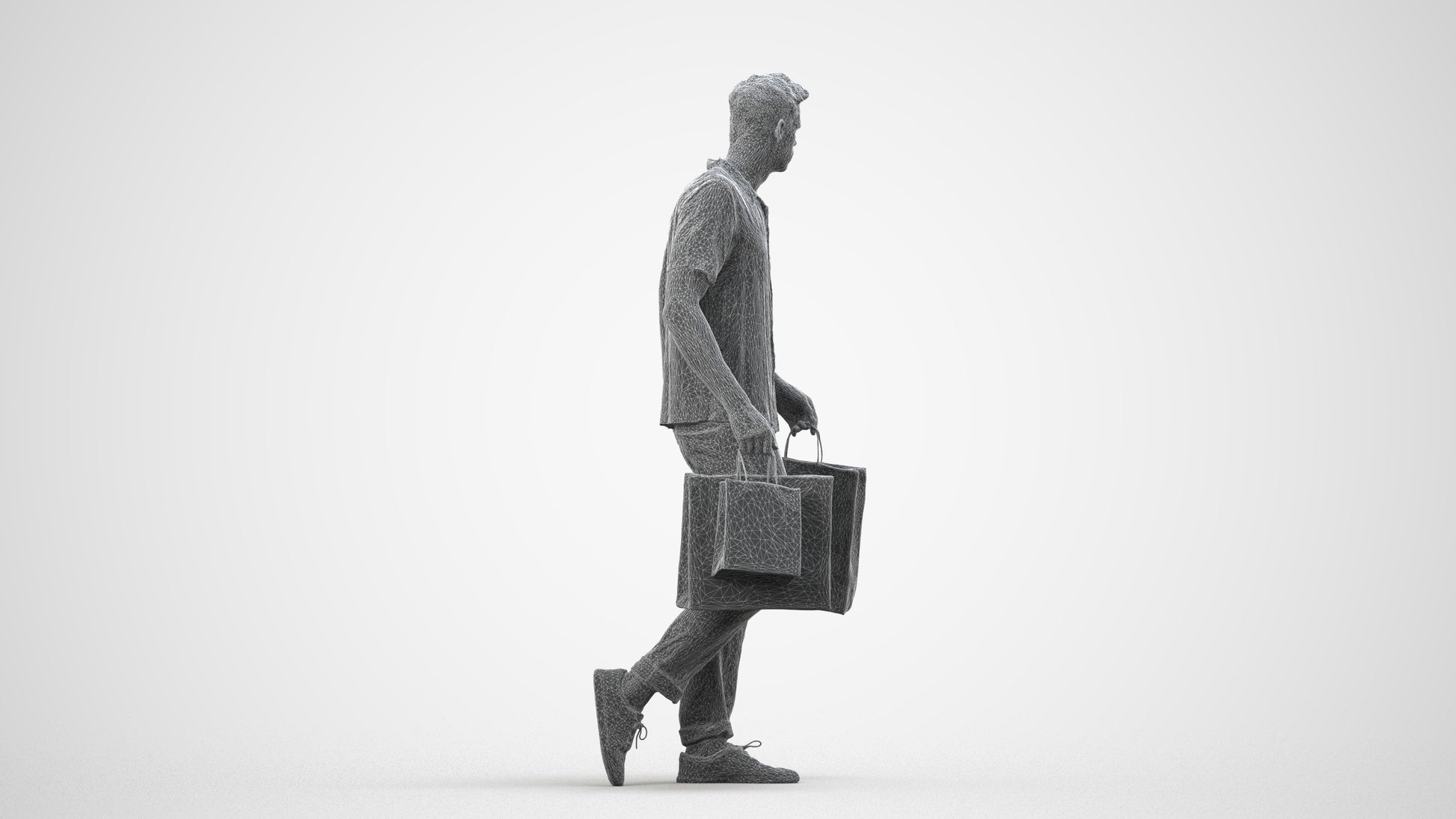 3D human model man casual shopping, photogrammetry scanned person for archviz, wireframe side view