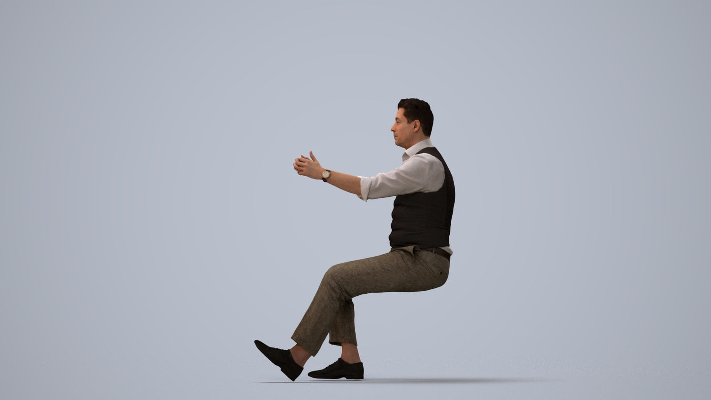3D human model man casual driving, photogrammetry scanned person for archviz, three-quarter view render