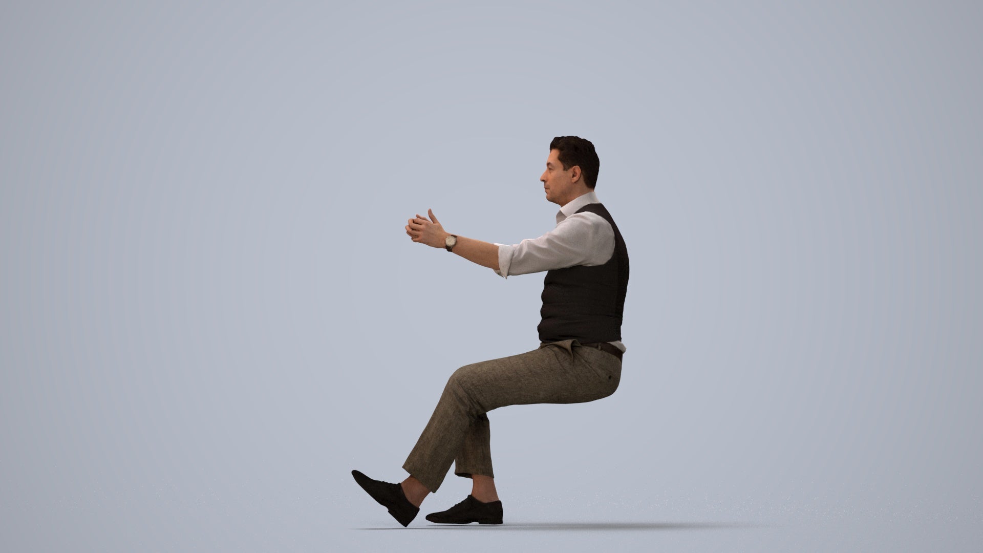 3D human model man casual driving, photogrammetry scanned person for archviz, three-quarter view render