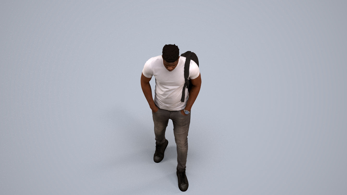 realistic 3D human man casual walking, archviz people FBX OBJ for Blender, back view render