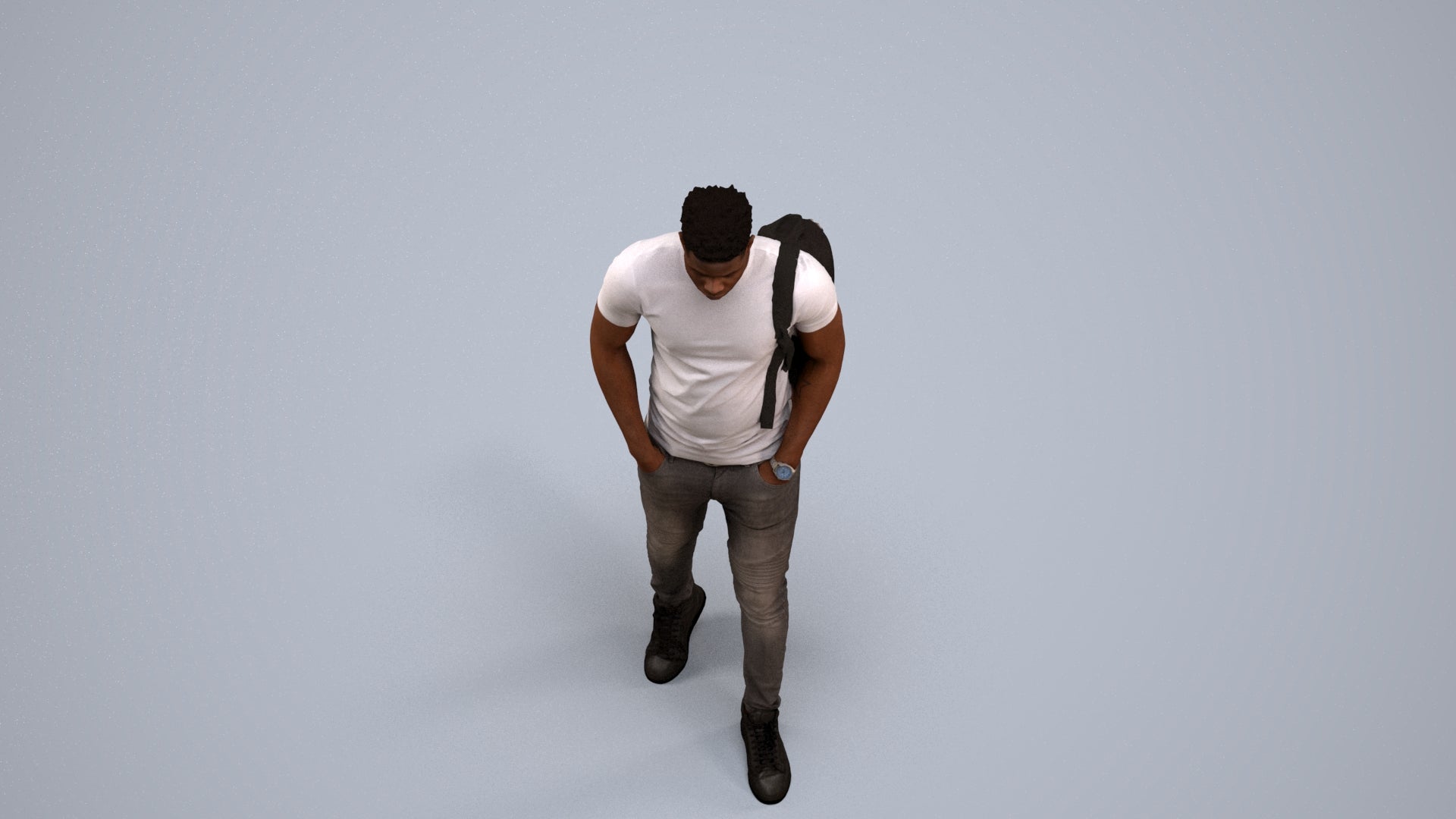 realistic 3D human man casual walking, archviz people FBX OBJ for Blender, back view render