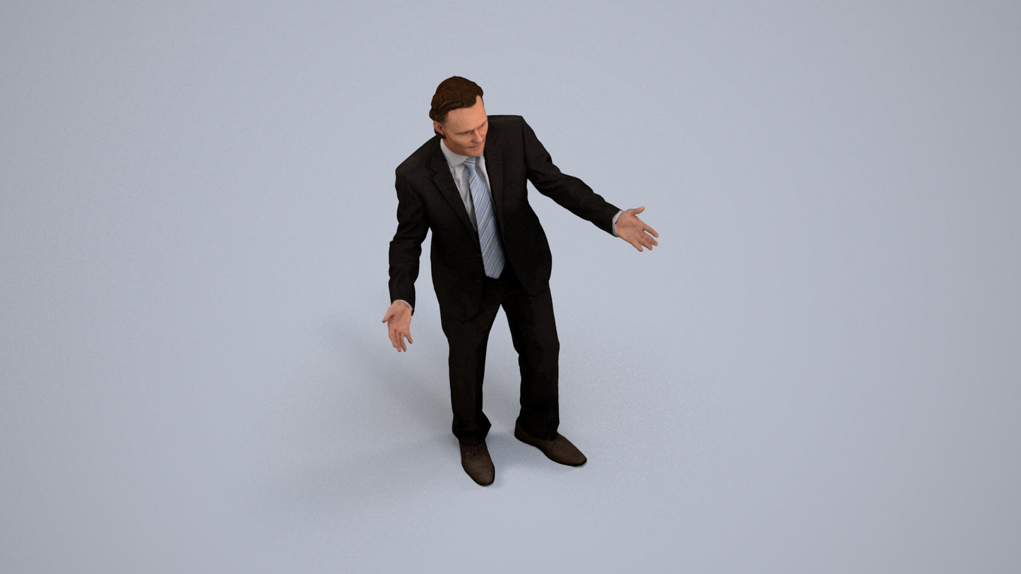 3D human model man business, photogrammetry scanned person for archviz, back view render