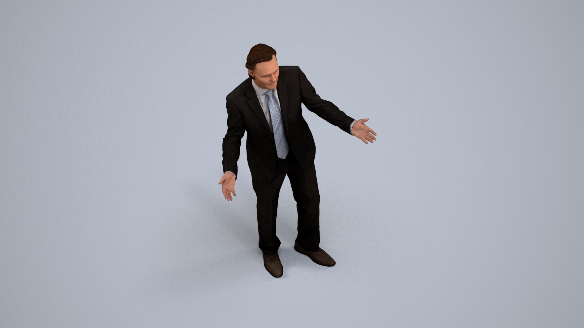 3D human model man business, photogrammetry scanned person for archviz, back view render
