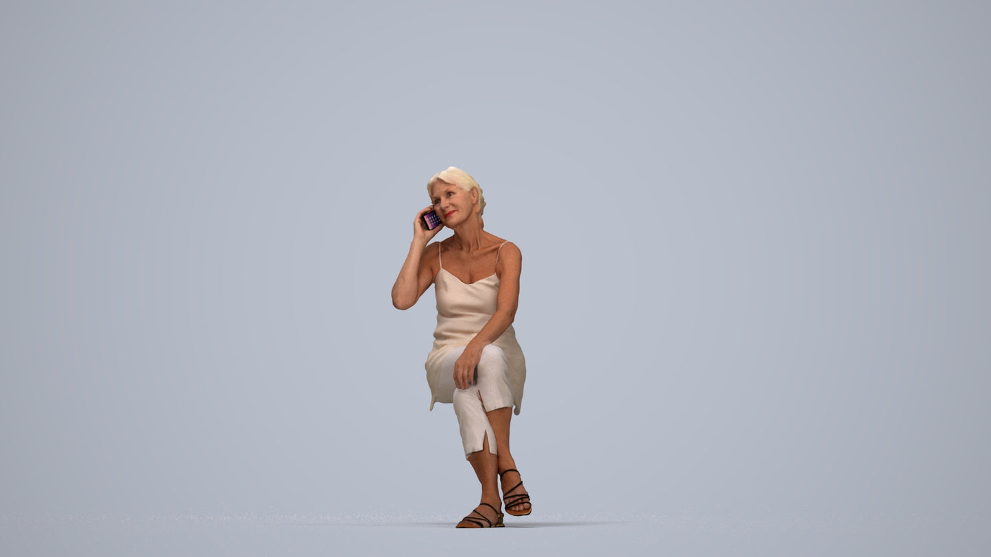 realistic 3D people senior woman casual sitting, render-ready for V-Ray and Corona, FBX OBJ, top-down view render