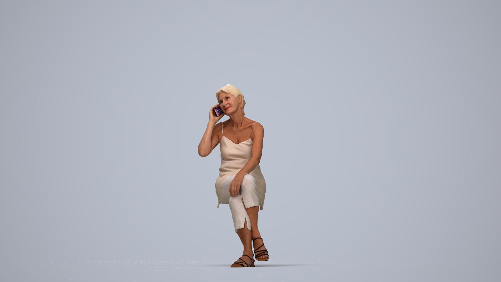 realistic 3D people senior woman casual sitting, render-ready for V-Ray and Corona, FBX OBJ, top-down view render