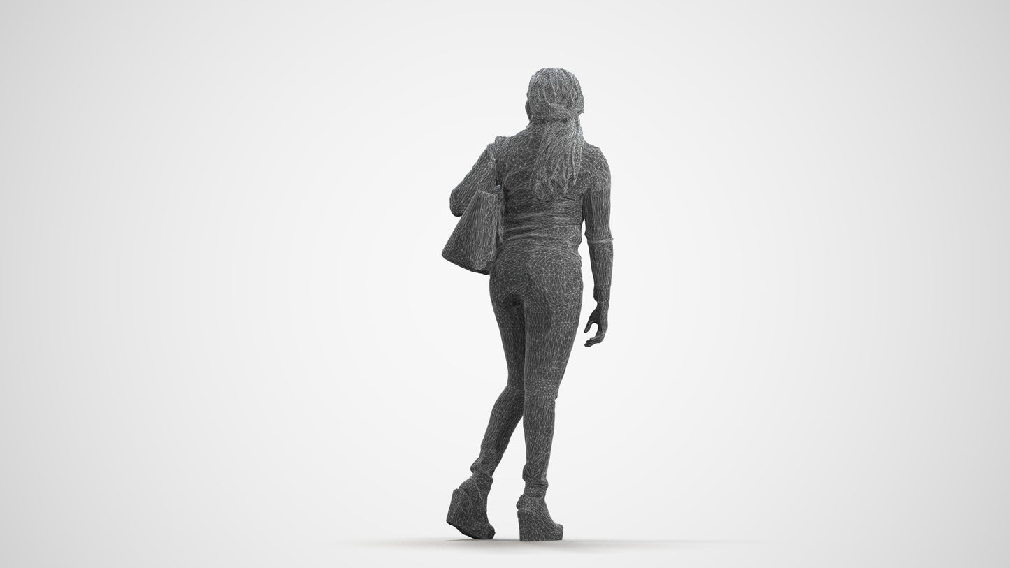 3D people model woman casual walking, scanned human for 3ds Max rendering, wireframe front view