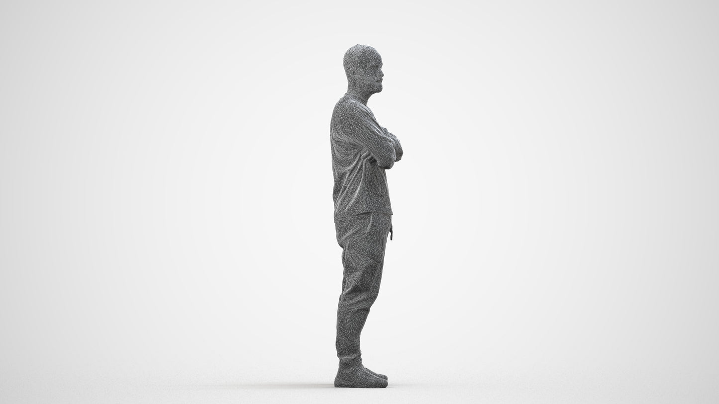3D human model man casual standing, photogrammetry scanned person for archviz, wireframe side view