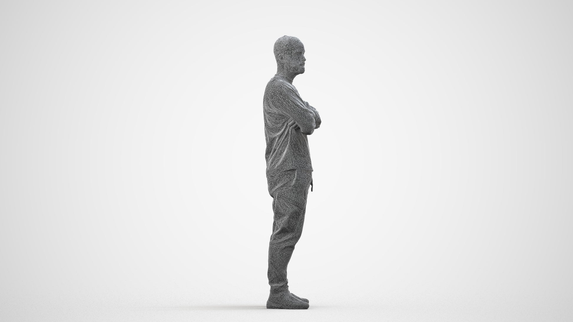 3D human model man casual standing, photogrammetry scanned person for archviz, wireframe side view