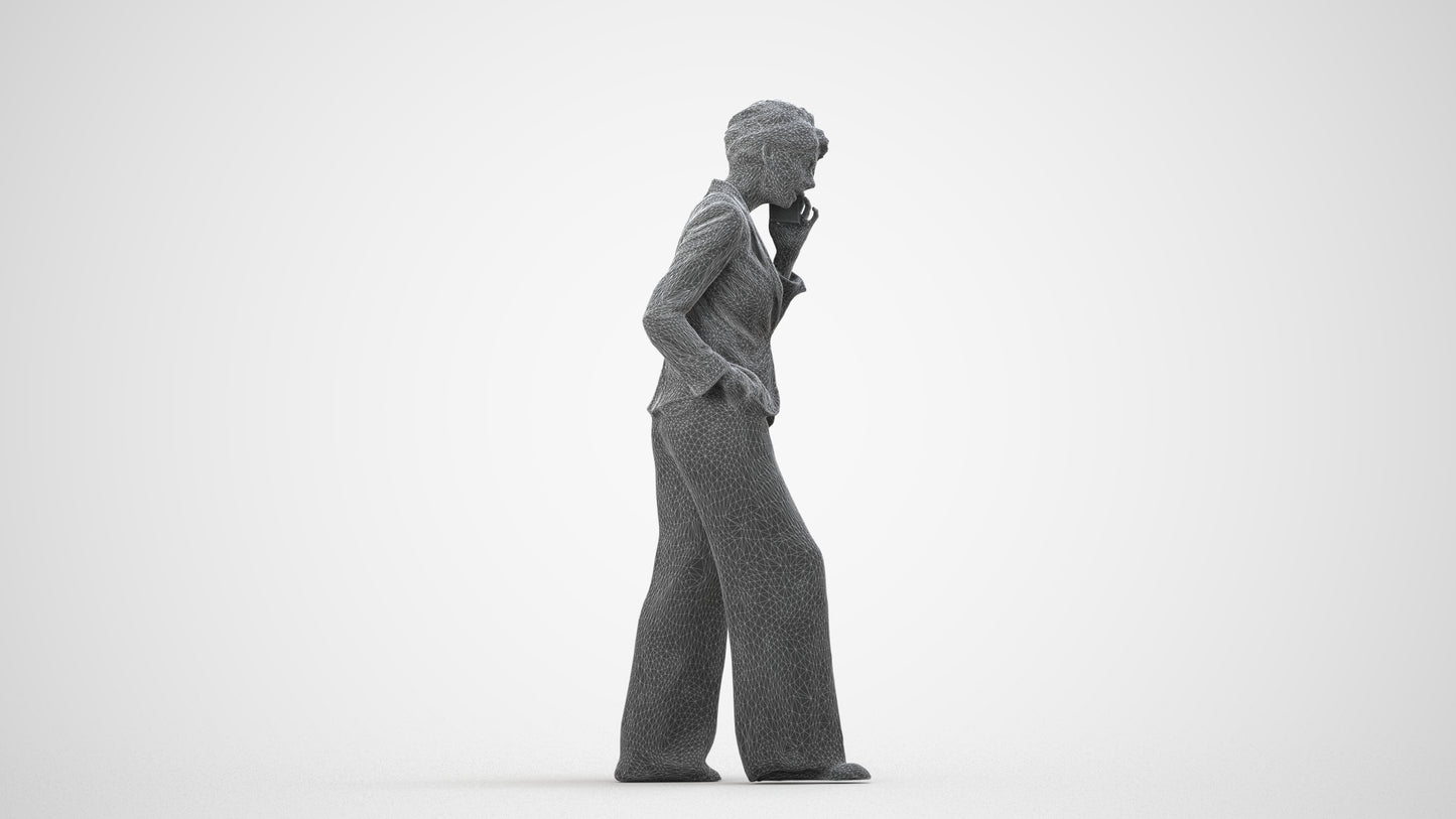 3D human model woman business, photogrammetry scanned person for archviz, wireframe side view