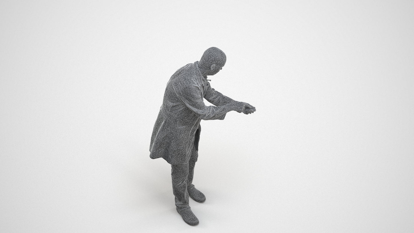3D human model senior man medical, photogrammetry scanned person for archviz, wireframe three-quarter view