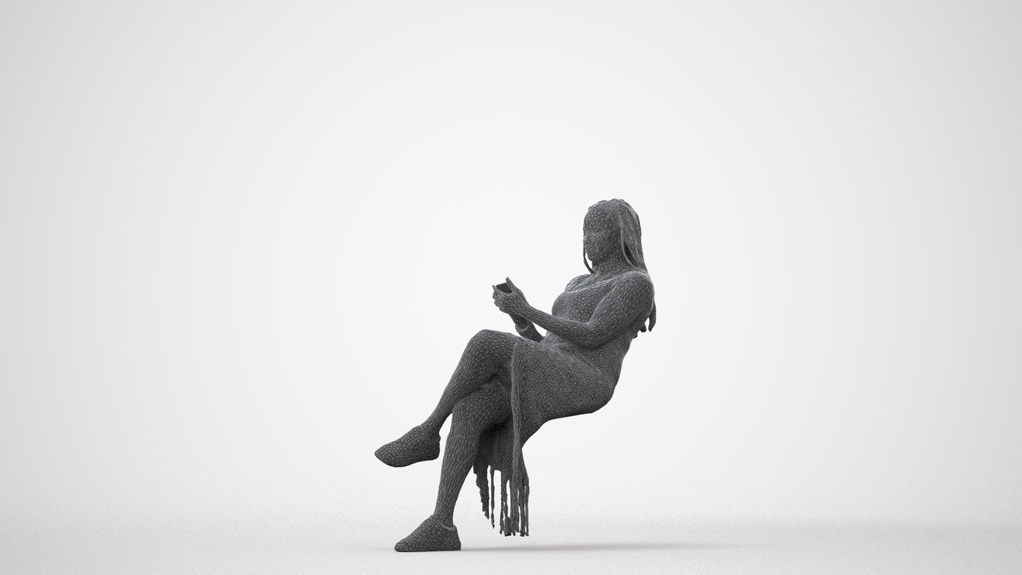 realistic 3D human woman casual sitting, archviz people FBX OBJ for Blender, square thumbnail
