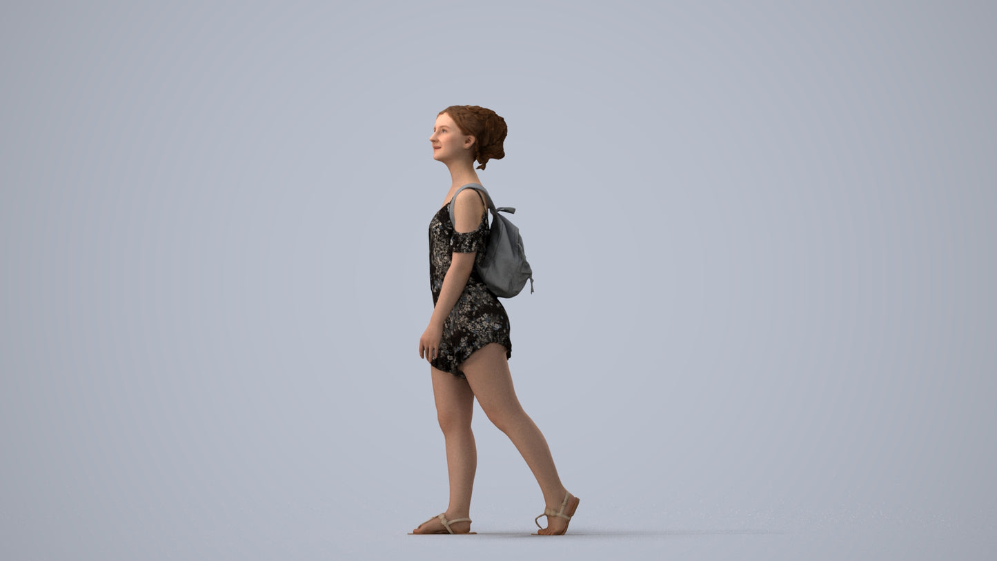 scanned 3D girl casual kids, photogrammetry people for Enscape and V-Ray, three-quarter view render