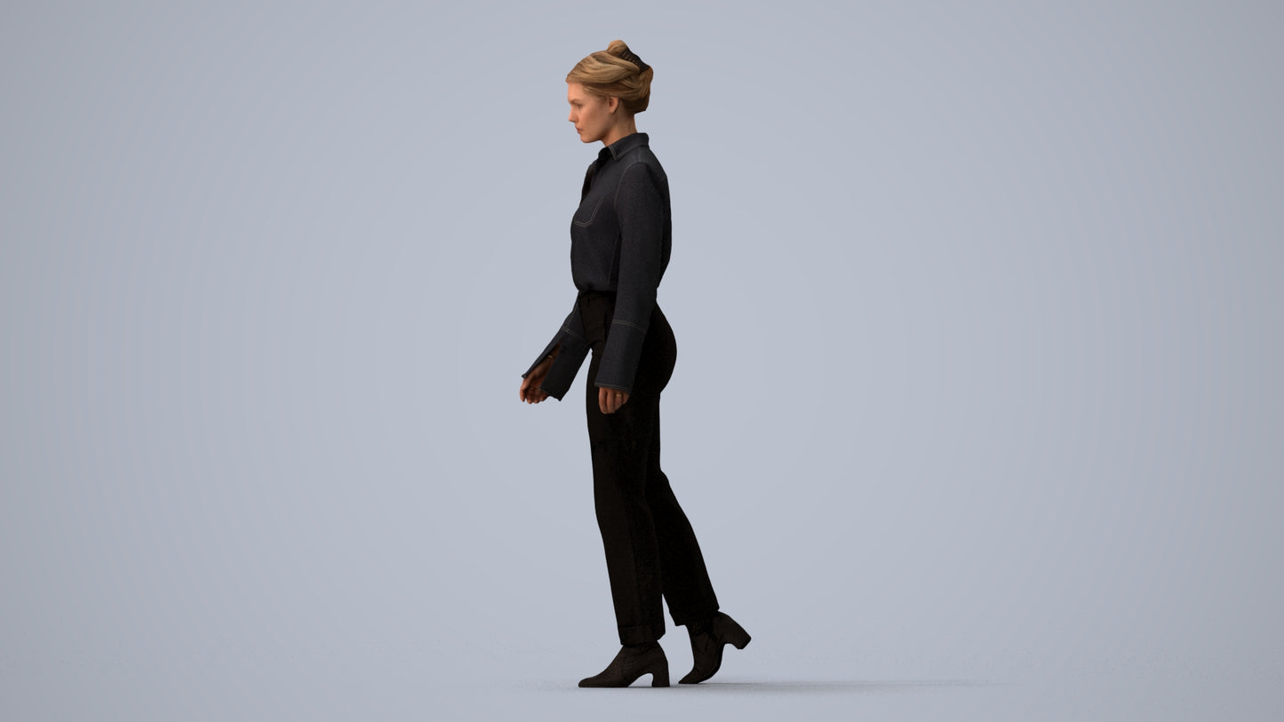 3D human model woman business walking, photogrammetry scanned person for archviz, three-quarter view render