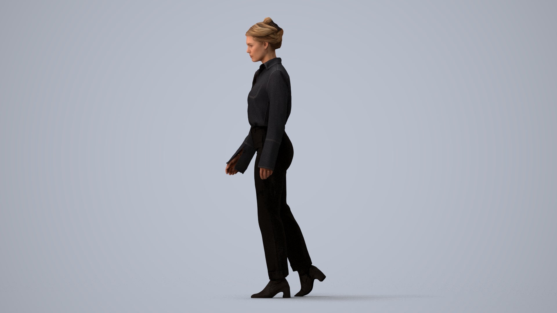 3D human model woman business walking, photogrammetry scanned person for archviz, three-quarter view render