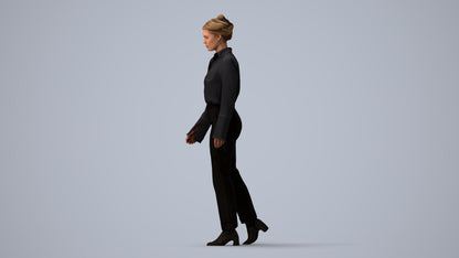 3D human model woman business walking, photogrammetry scanned person for archviz, three-quarter view render