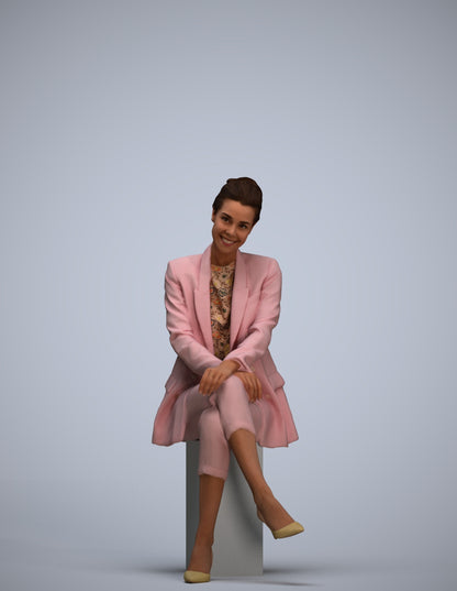 3D human model woman business sitting, photogrammetry scanned person for archviz