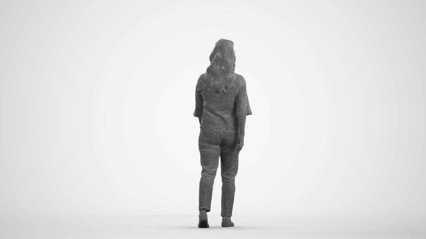 3D scanned woman walking casual, photorealistic archviz people for Enscape and SketchUp, wireframe front view
