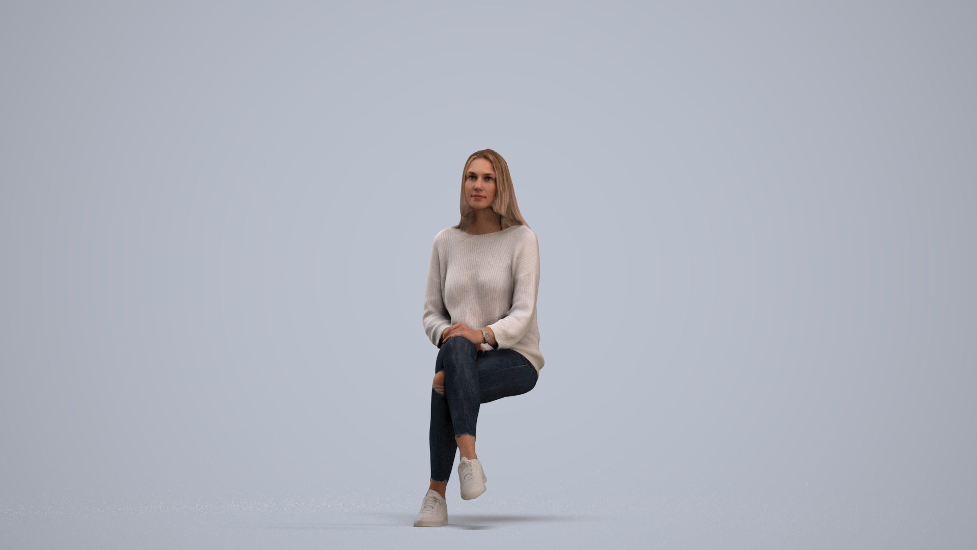 realistic 3D human woman casual sitting, archviz people FBX OBJ for Blender, standing pose render