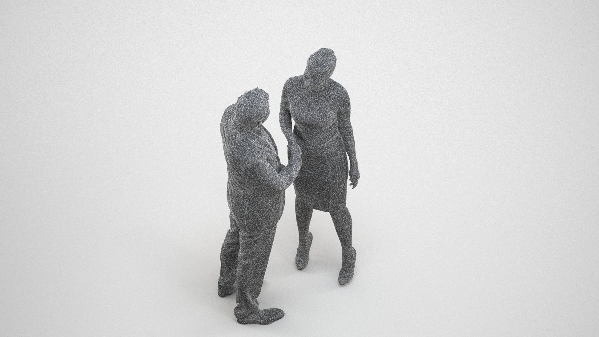 3D human model woman business, photogrammetry scanned person for archviz, wireframe three-quarter view