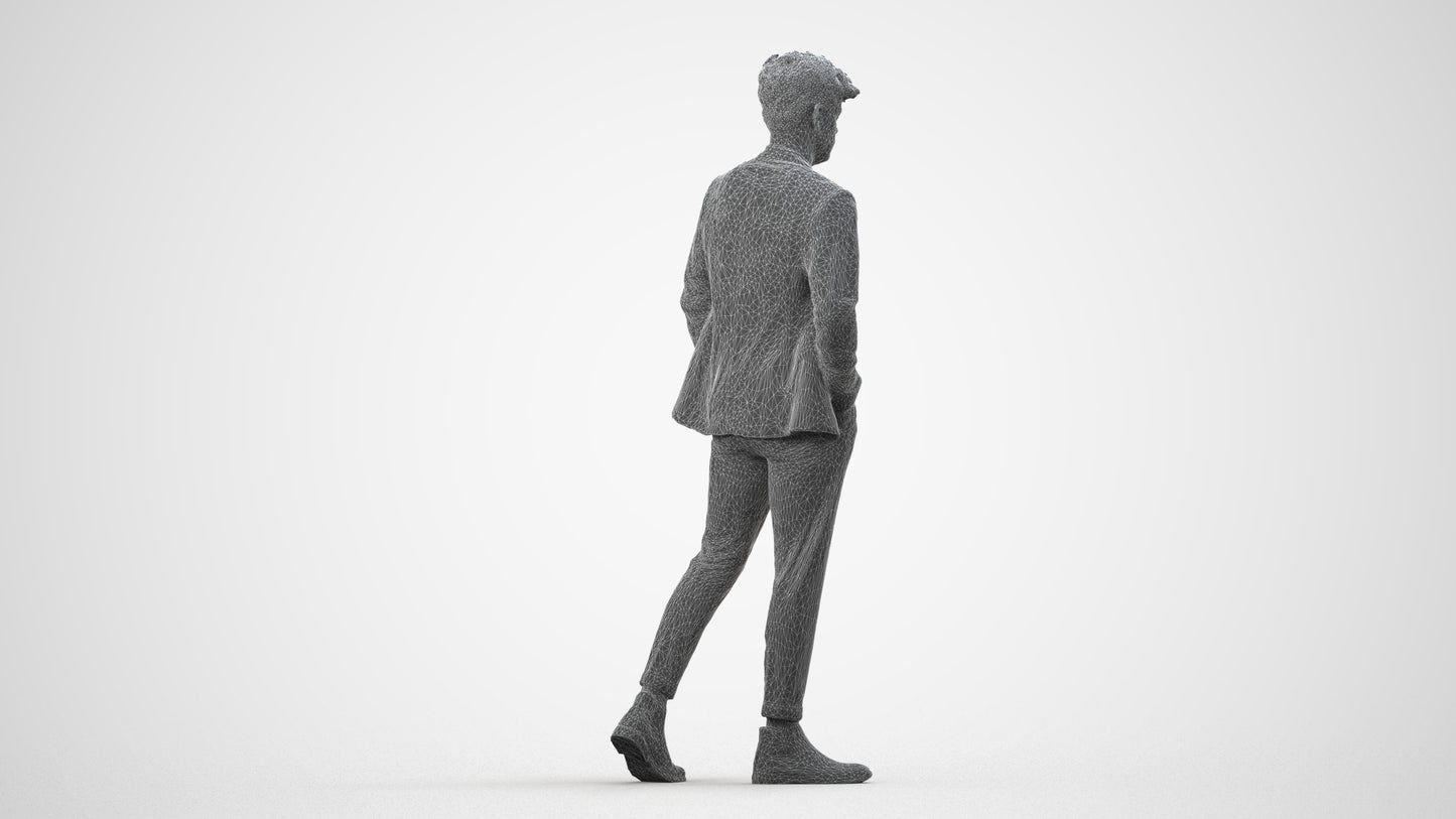 3D human model man business walking, photogrammetry scanned person for archviz, wireframe side view