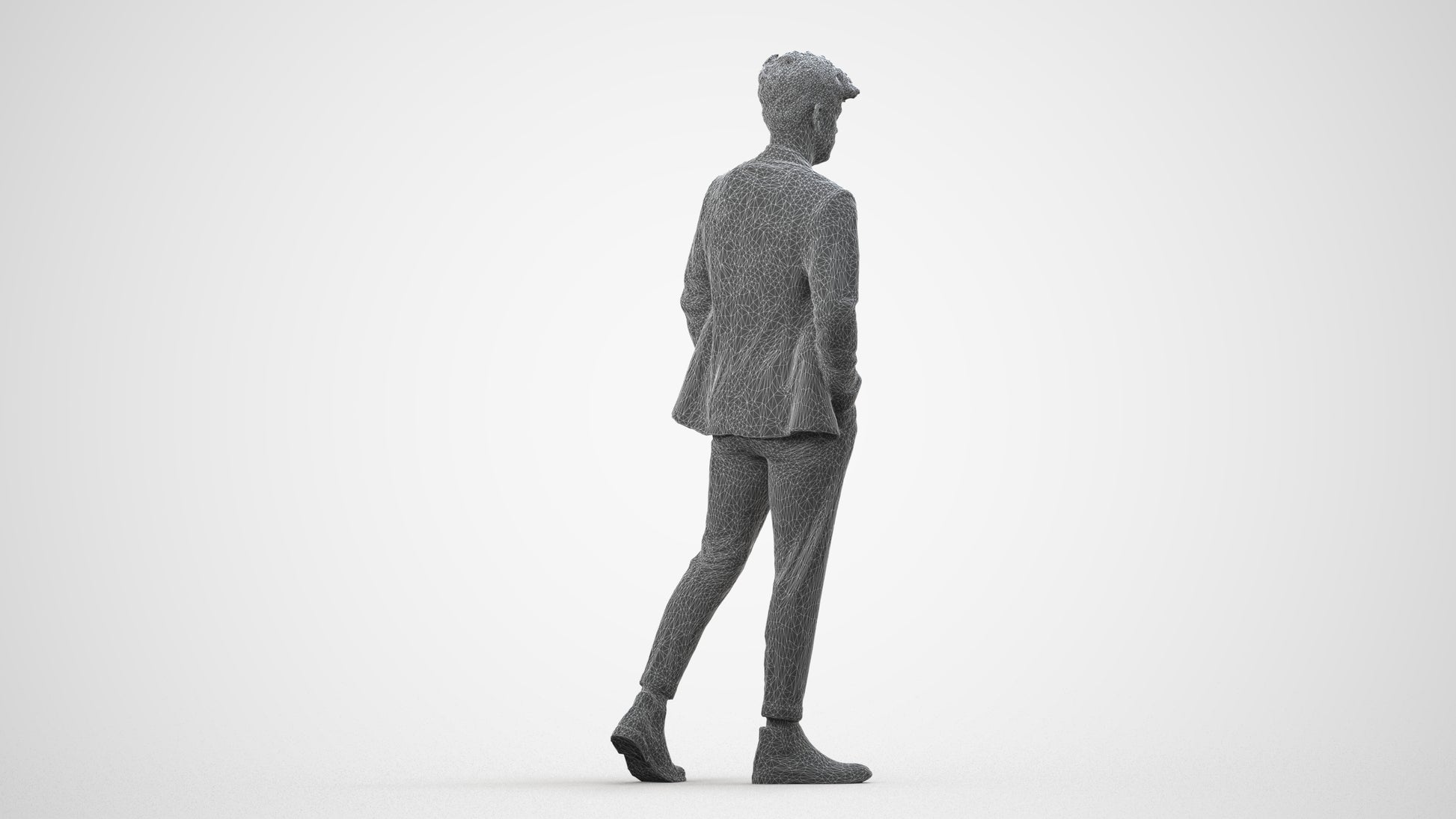 3D human model man business walking, photogrammetry scanned person for archviz, wireframe side view