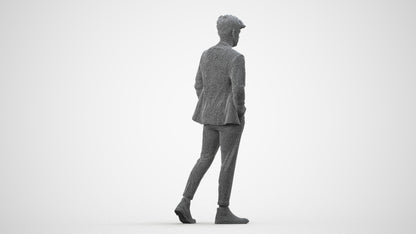 3D human model man business walking, photogrammetry scanned person for archviz, wireframe side view
