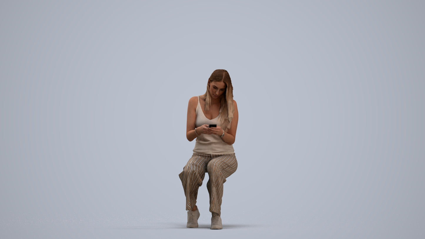 3D human model woman casual sitting, photogrammetry scanned person for archviz, standing pose render