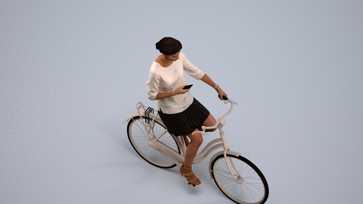 photogrammetry 3D woman casual cycling, realistic human model archviz FBX, back view render