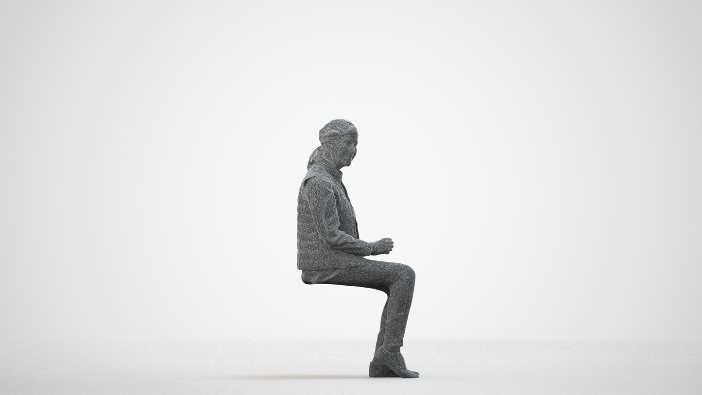 scanned 3D senior woman casual sitting, photogrammetry people for Enscape and V-Ray, wireframe side view