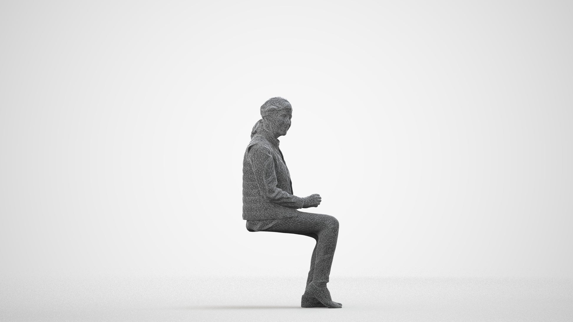 scanned 3D senior woman casual sitting, photogrammetry people for Enscape and V-Ray, wireframe side view