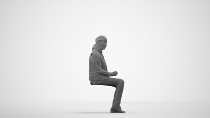 scanned 3D senior woman casual sitting, photogrammetry people for Enscape and V-Ray, wireframe side view