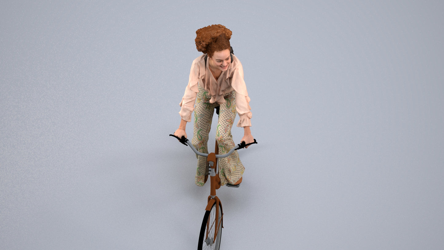 photogrammetry 3D woman casual cycling, realistic human model archviz FBX, back view render