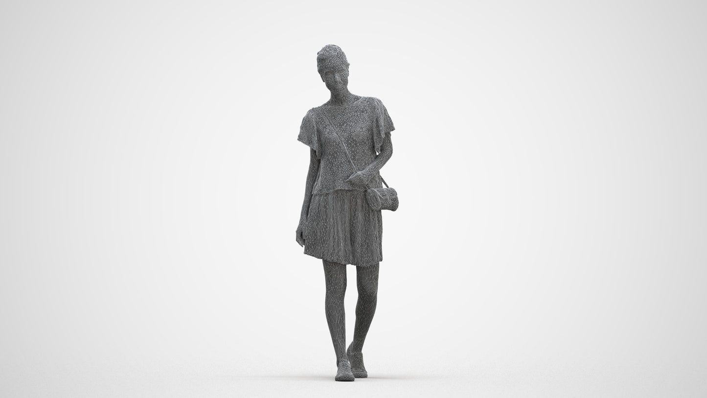 realistic 3D woman casual walking, scanned archviz people for Blender and 3ds Max, three-quarter front view render