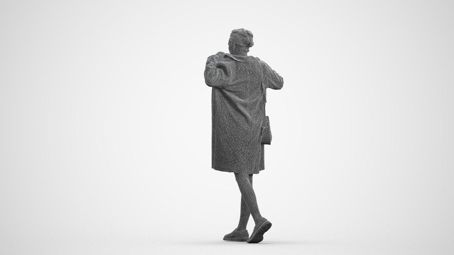 3D human model woman casual walking, photogrammetry scanned person for archviz, wireframe front view
