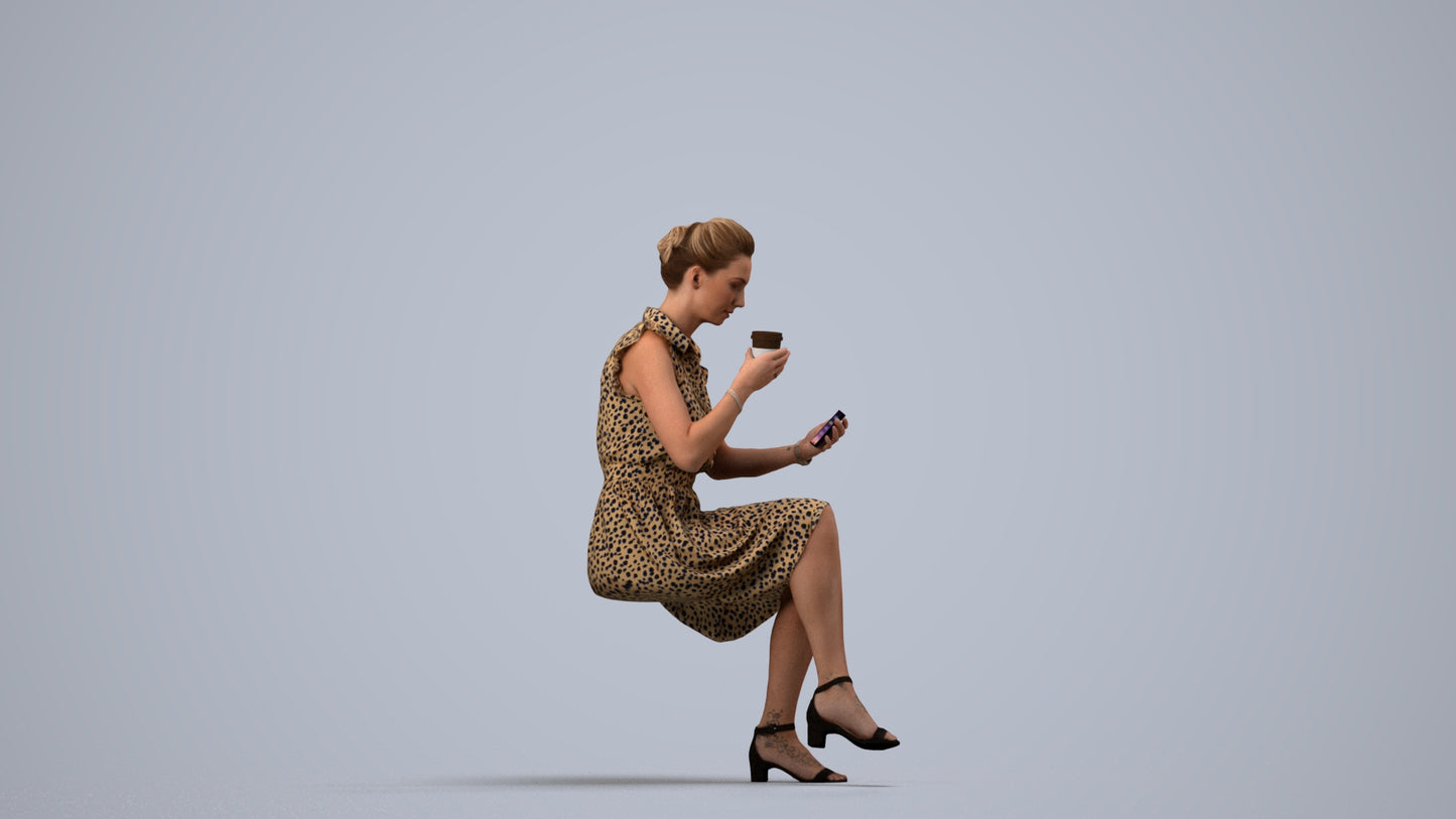 3D scanned woman sitting casual, photorealistic archviz people for Enscape and SketchUp, side view render