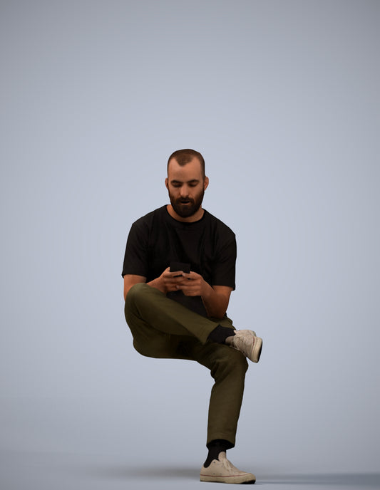 3D scanned man sitting casual, photorealistic archviz people for Enscape and SketchUp
