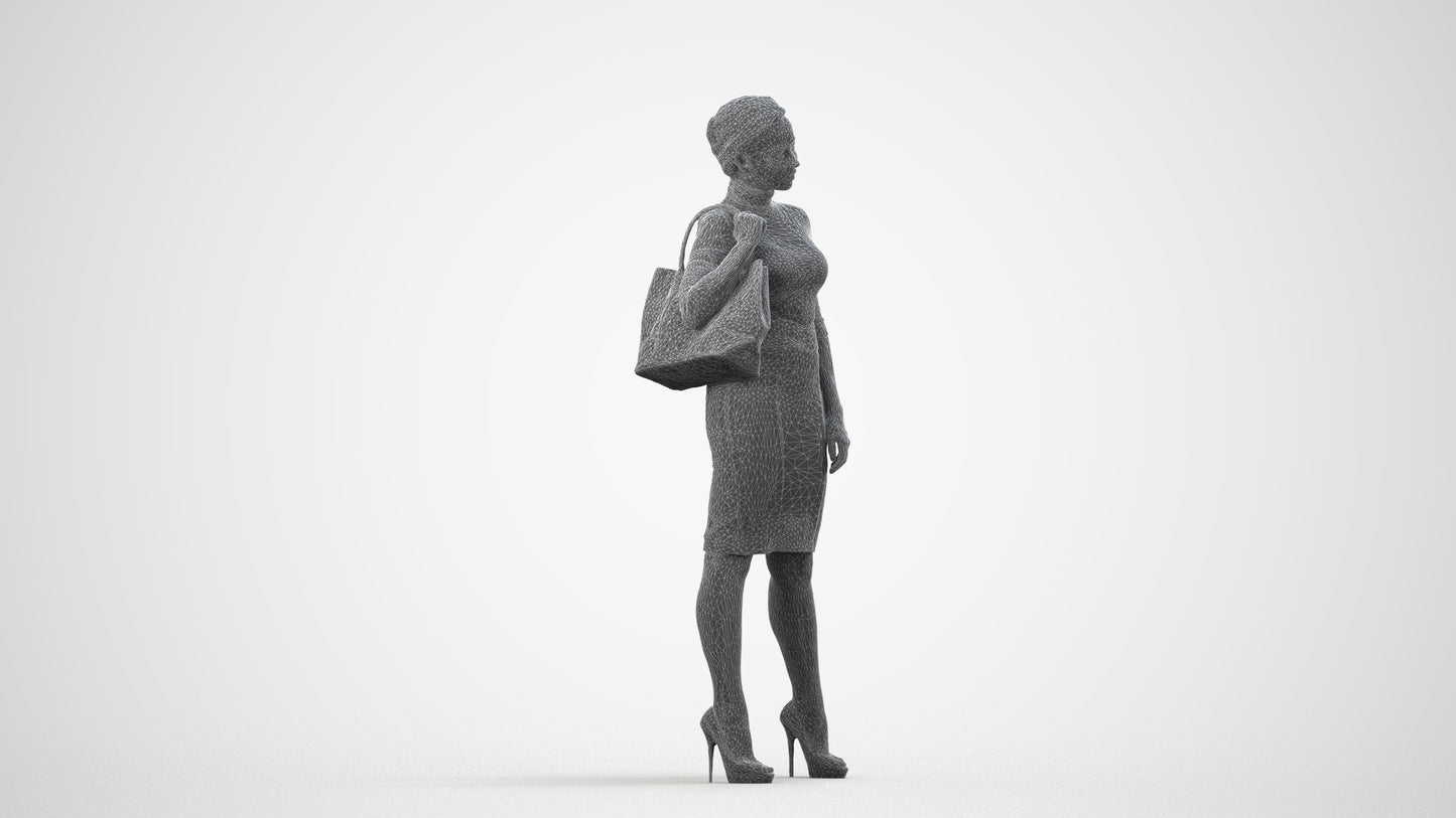 3D scanned woman standing business, photorealistic archviz people for Enscape and SketchUp, wireframe side view