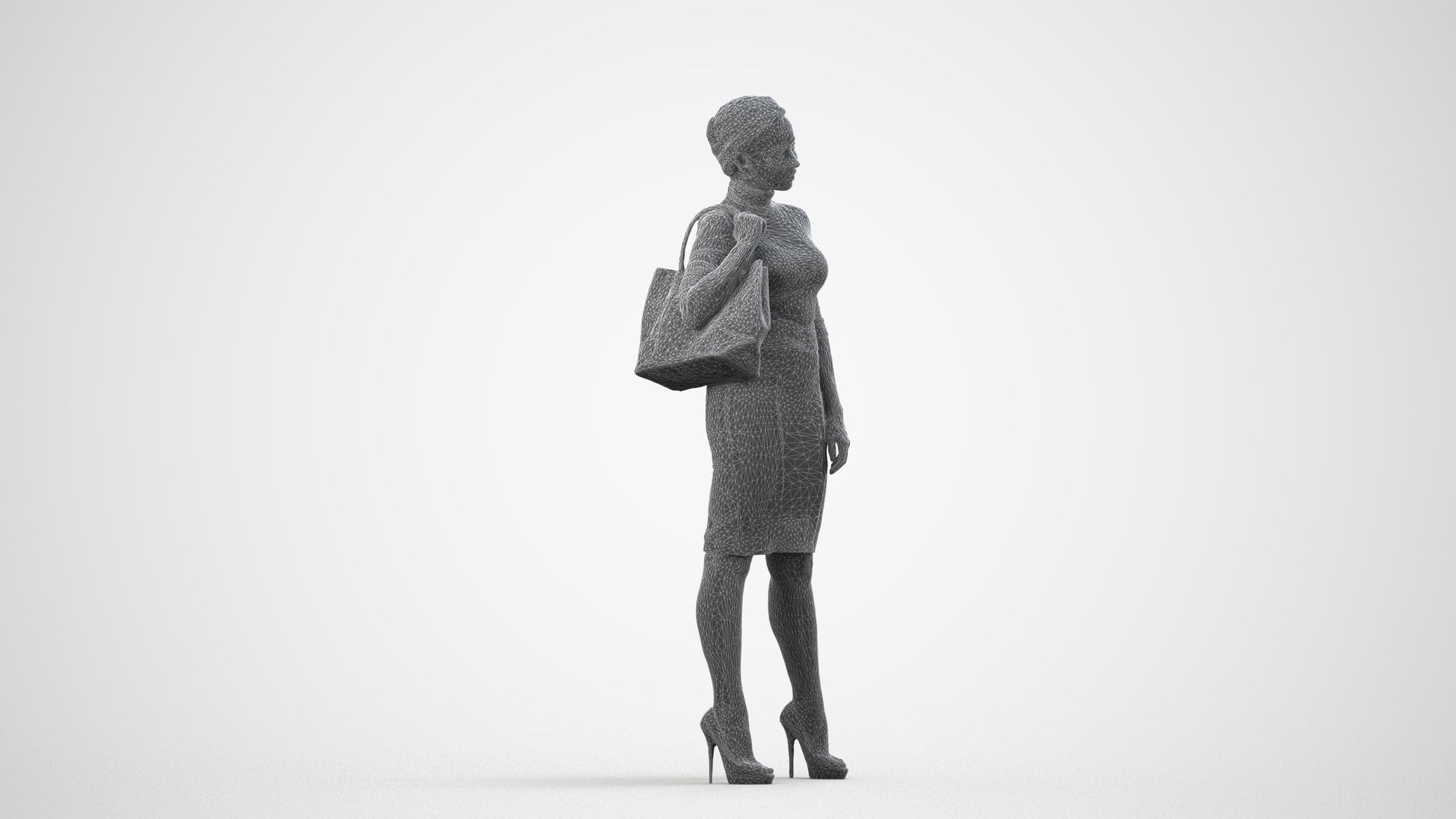 3D scanned woman standing business, photorealistic archviz people for Enscape and SketchUp, wireframe side view