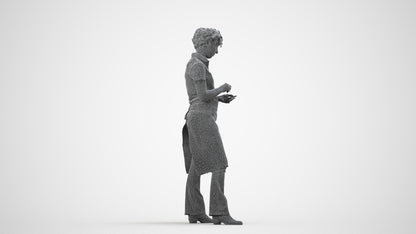 3D scanned woman hospitality, photorealistic archviz people for Enscape and SketchUp, wireframe side view