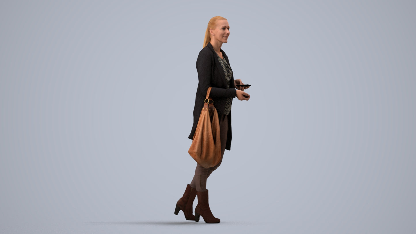 3D human model woman business walking, photogrammetry scanned person for archviz, side view render