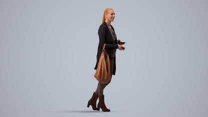 3D human model woman business walking, photogrammetry scanned person for archviz, side view render