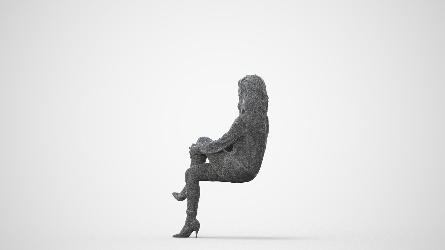 realistic 3D woman casual sitting, scanned archviz people for Blender and 3ds Max, square thumbnail