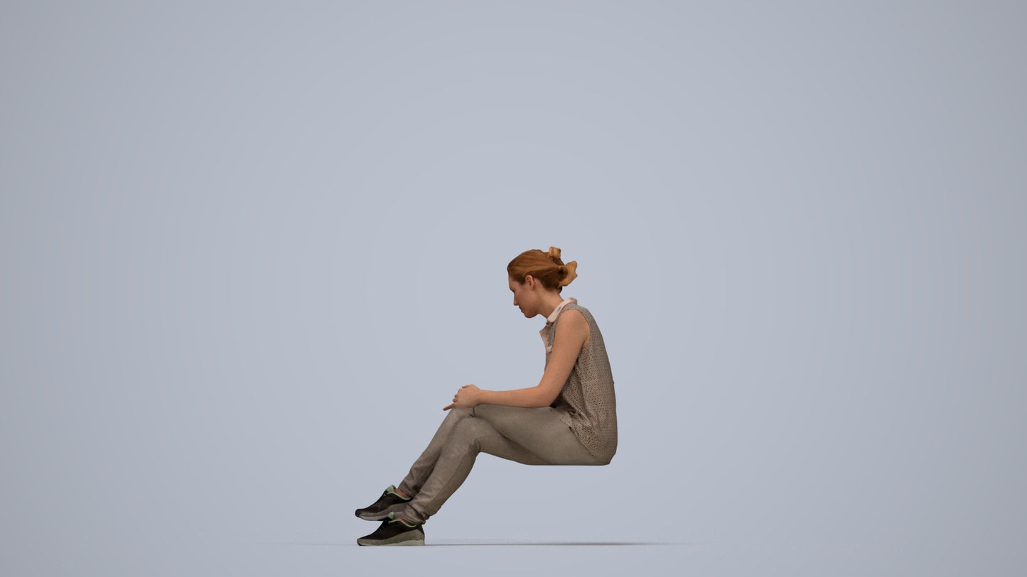 realistic 3D people woman casual sitting, render-ready for V-Ray and Corona, FBX OBJ, top-down view render